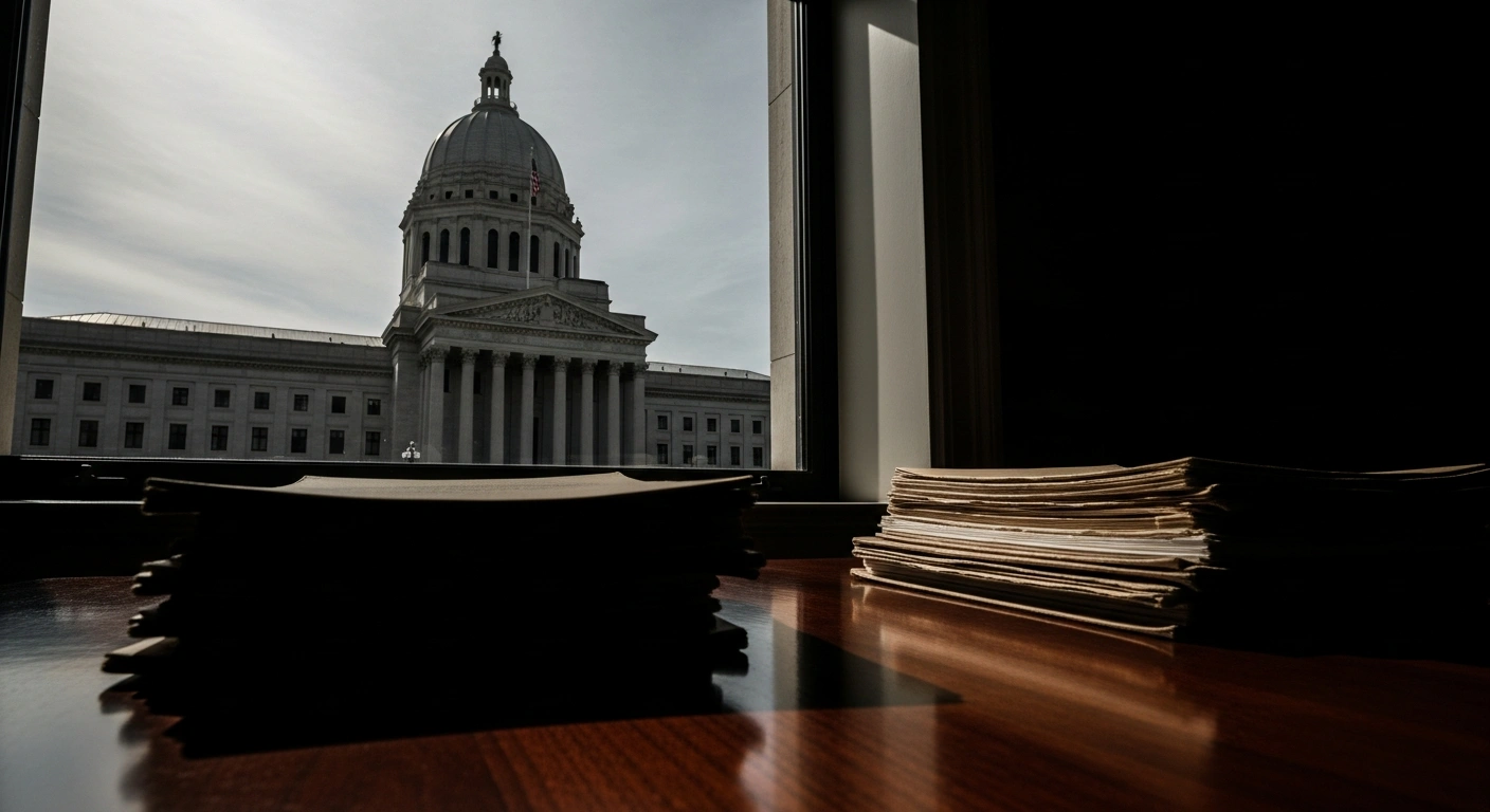 A stack of legal documents sits in a courtroom as twenty-four U.S. states file a lawsuit against the Trump administration regarding global trade tariffs.