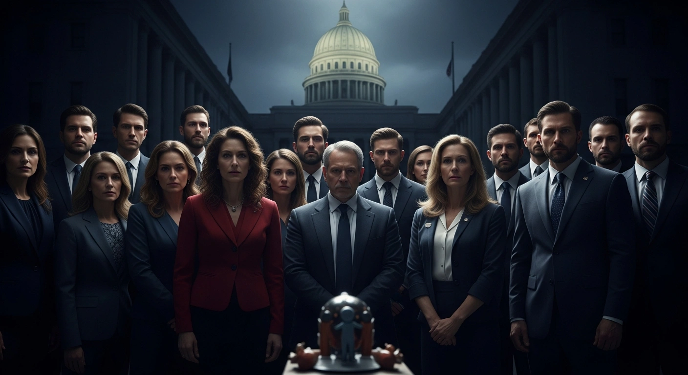 A diverse group of state representatives stands united and determined, facing an imposing, shadowed federal building, symbolizing their lawsuit against the Trump administration over CDC childhood vaccine recommendations and public health risks.