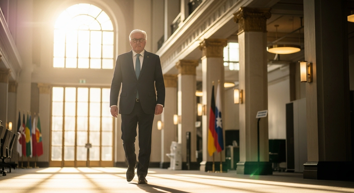 German President Frank-Walter Steinmeier walks through a diplomatic building during his official state visit to strengthen international trade and security partnerships.