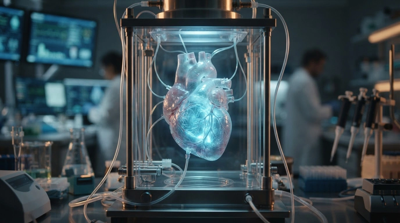 A glowing, translucent model of a human heart sits in a laboratory, representing advancements in stem cell therapy for cardiac recovery.