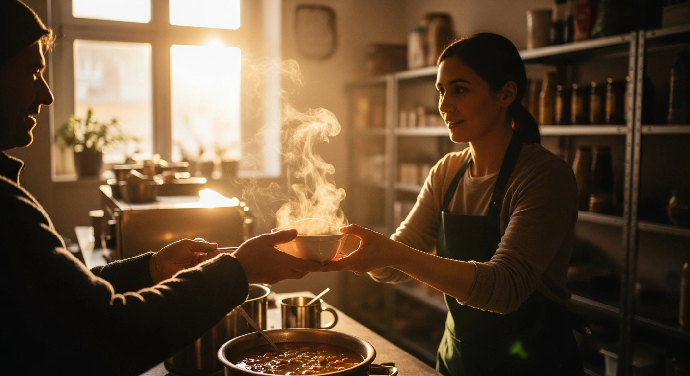 A volunteer provides a meal to a person in need at the Stëmm vun der Strooss facility in Luxembourg, supported by a donation from the Wësch Festival.