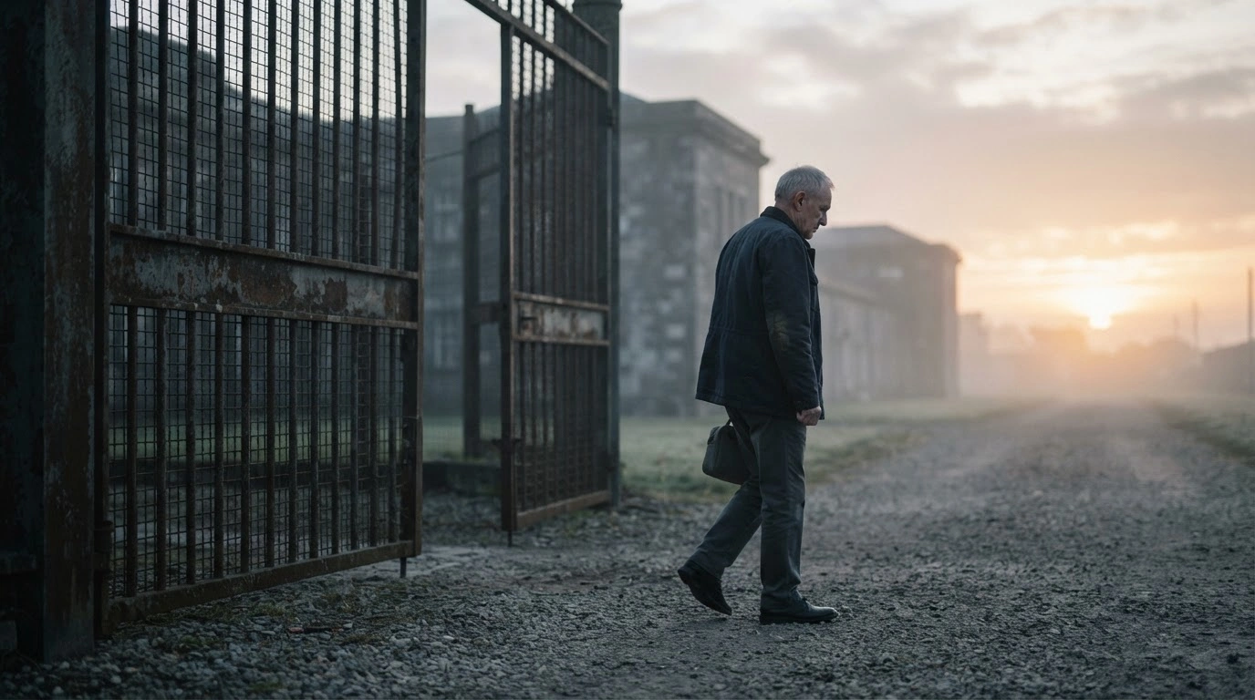 An American citizen walks away from a prison gate after being released by Russian authorities following diplomatic negotiations.
