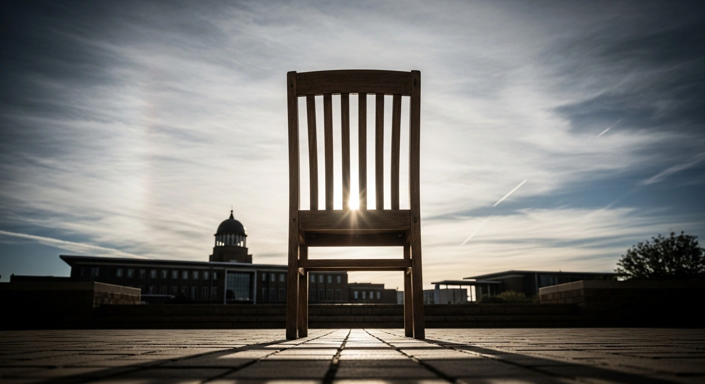 A weathered wooden chair stands empty under harsh South African sunlight, with a blurred courthouse in the background, symbolizing the postponed inquest into the 1977 death of anti-apartheid activist Steve Biko, who died in police custody from extensive brain injuries.