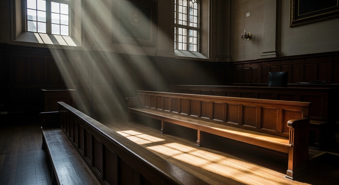 A wide, low-angle shot of an empty, dimly lit courtroom in a South African high court, with a single shaft of sunlight cutting through a high window, symbolizing the delayed justice for anti-apartheid activist Steve Biko following the postponement of his reopened inquest to January 30, 2026.