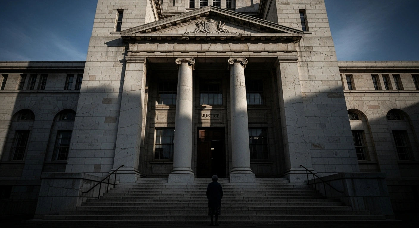 A low-angle view of an old, weathered South African courthouse facade at late afternoon, with long shadows stretching across its stone, where a silhouetted figure stands at the base of grand steps, symbolizing the decades-long pursuit of justice for anti-apartheid activist Steve Biko following the postponement of his 1977 death inquest.