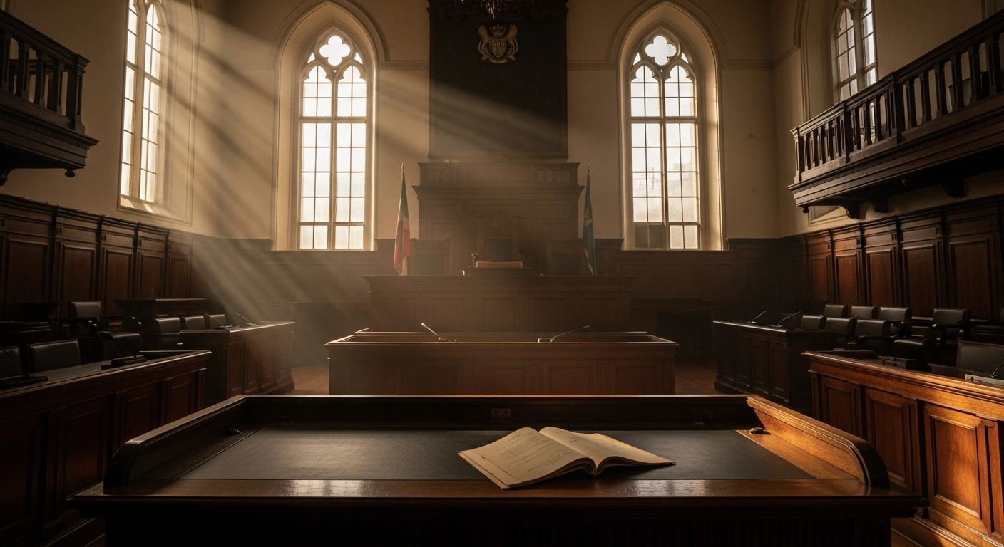 An empty, aged courtroom in South Africa, illuminated by shafts of sunlight, symbolizes the postponed inquest into the 1977 death of anti-apartheid activist Steve Biko, delayed until January 30, 2026, for case management and legal representation for persons of interest.