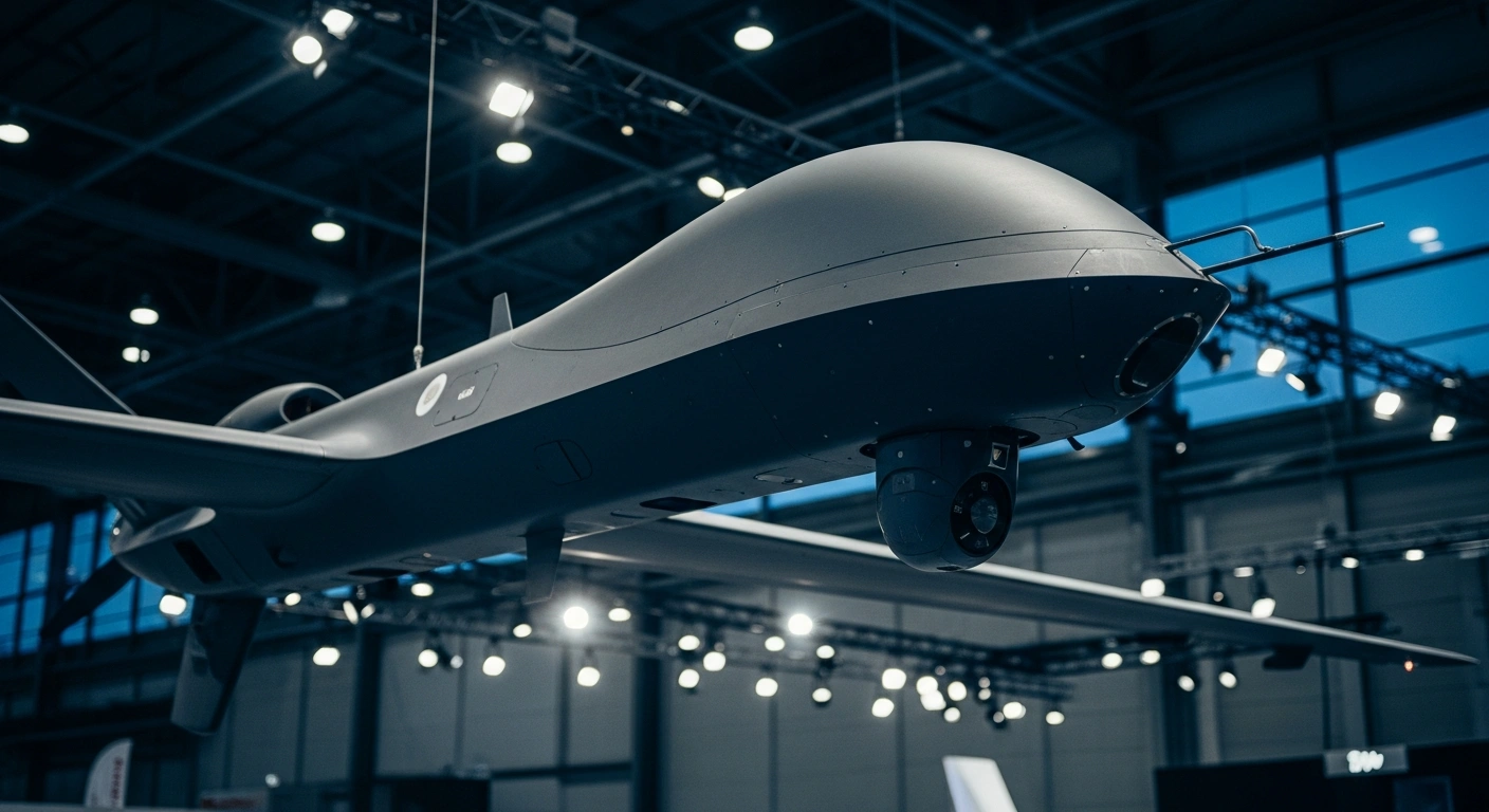 The STM Kuzgun long-range one-way attack drone is displayed at the SAHA 2026 defense exhibition in Turkey.
