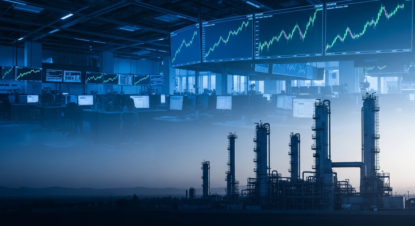 A modern financial trading floor with rising stock market charts displayed in the background as oil prices stabilize following the cancellation of a military strike.