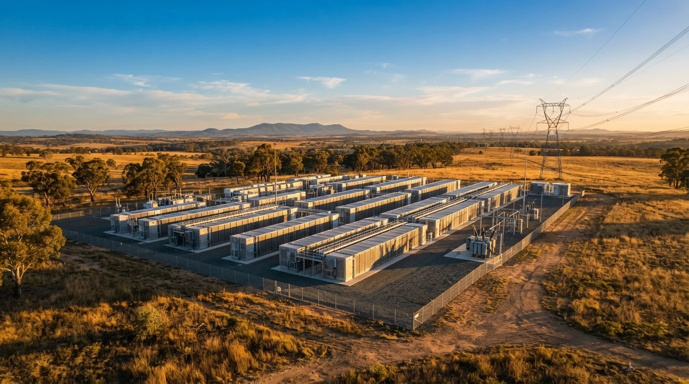 The Energy Vault Stoney Creek battery energy storage system sits in a rural Australian landscape to support the local power grid.