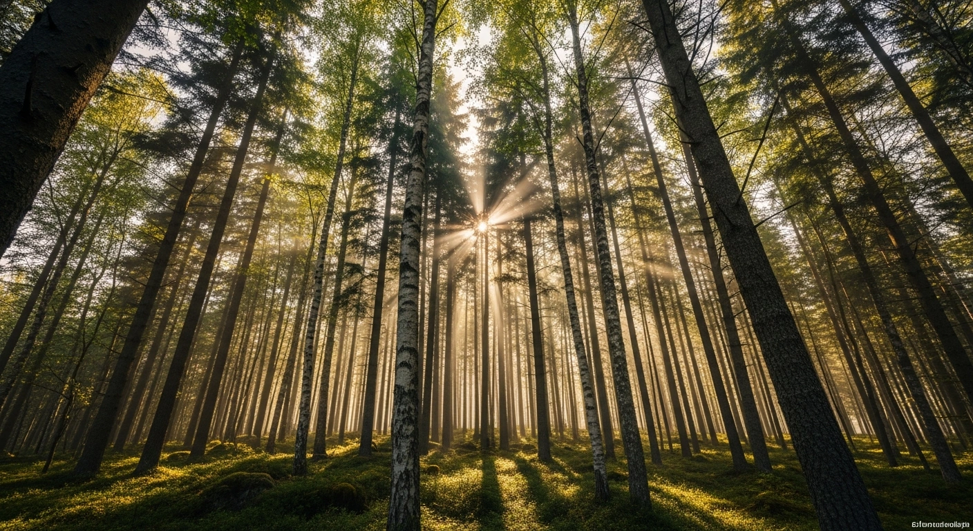 A majestic Swedish forest with towering pines and birches, illuminated by golden hour sunlight, representing the 1.2 million hectares of forest land Stora Enso plans to demerge into Europe's largest pure-play forest company.