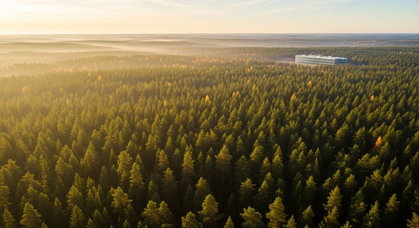 A vast Swedish pine forest bathed in golden hour light, with mist rising from the canopy, and a modern glass-fronted building subtly integrated into the distant landscape, symbolizing the spin-off of Stora Enso's Swedish forest assets into a new €5.7 billion publicly listed company, set to become Europe's largest pure-play forest company.