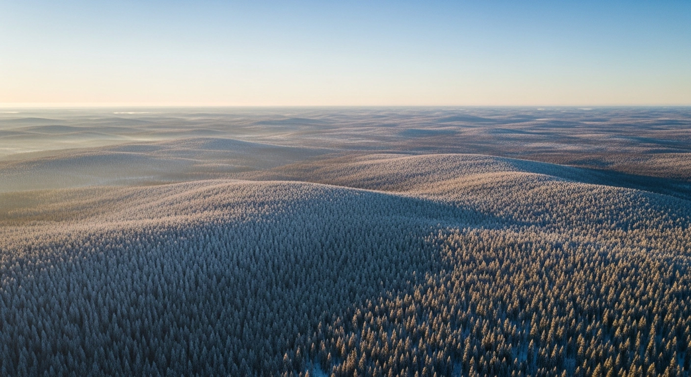 A vast, snow-dusted Swedish pine and spruce forest stretches to the horizon under a golden dawn sky, representing the 1.2 million hectares of forest assets that Stora Enso is spinning off into a new $5.7 billion pure-play forest company headquartered in Falun, Sweden.