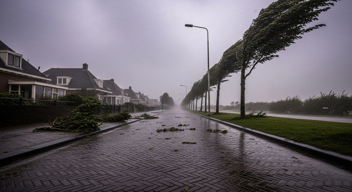 A deserted, rain-slicked street in a Dutch coastal town is battered by gale-force winds and heavy rain, depicting the severe travel disruptions caused by Storm Benjamin in the Netherlands.
