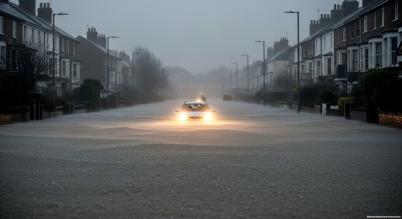 A wide, low-angle shot captures a flooded street in a United Kingdom town during Storm Chandra, with heavy, wind-driven rain creating a blurred backdrop and a partially submerged car struggling through the dangerous rising waters.