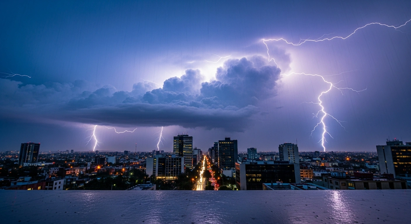 A dramatic storm with heavy rain and lightning strikes over the urban landscape of the Valley of Mexico.