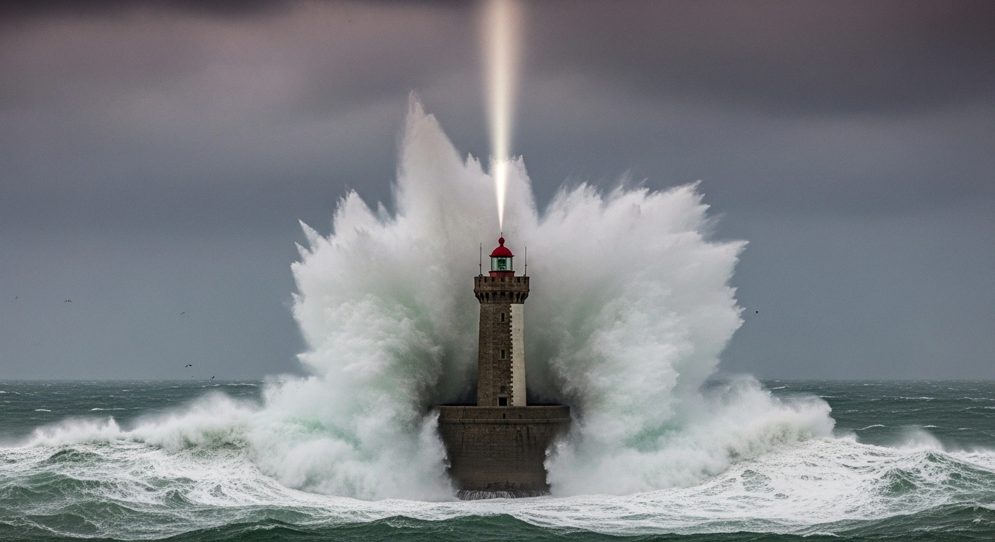 A dramatic, low-angle view of a lone lighthouse on the French coast, battered by colossal waves and wind-whipped rain under a dark, stormy sky, illustrating the severe impact of Storm Goretti.