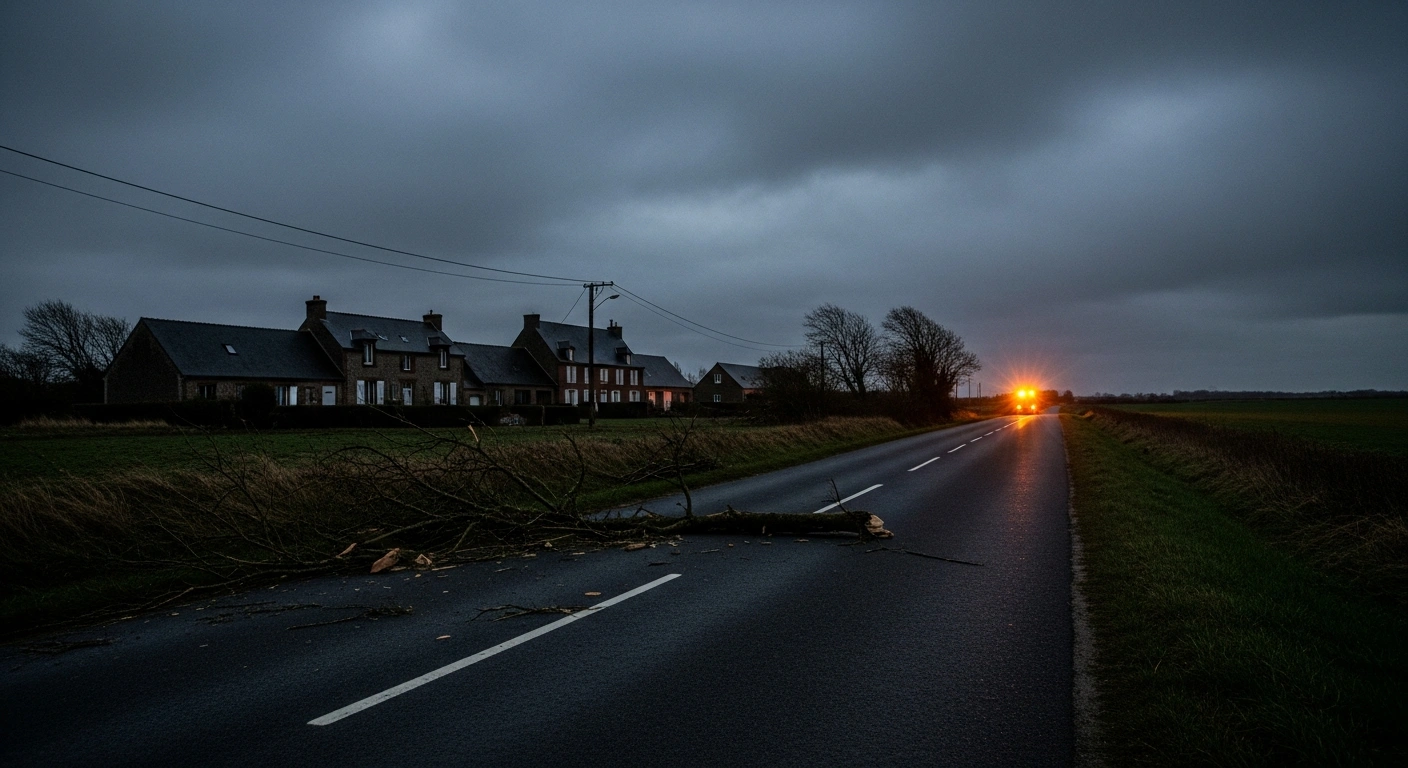 A wide, low-angle shot at dusk captures dark, silent farmhouses in rural Normandy, their windows devoid of light, symbolizing the widespread power outages affecting 92,000 homes in France, primarily in Normandy and Brittany, after Storm Goretti brought record-breaking winds and infrastructure disruptions.