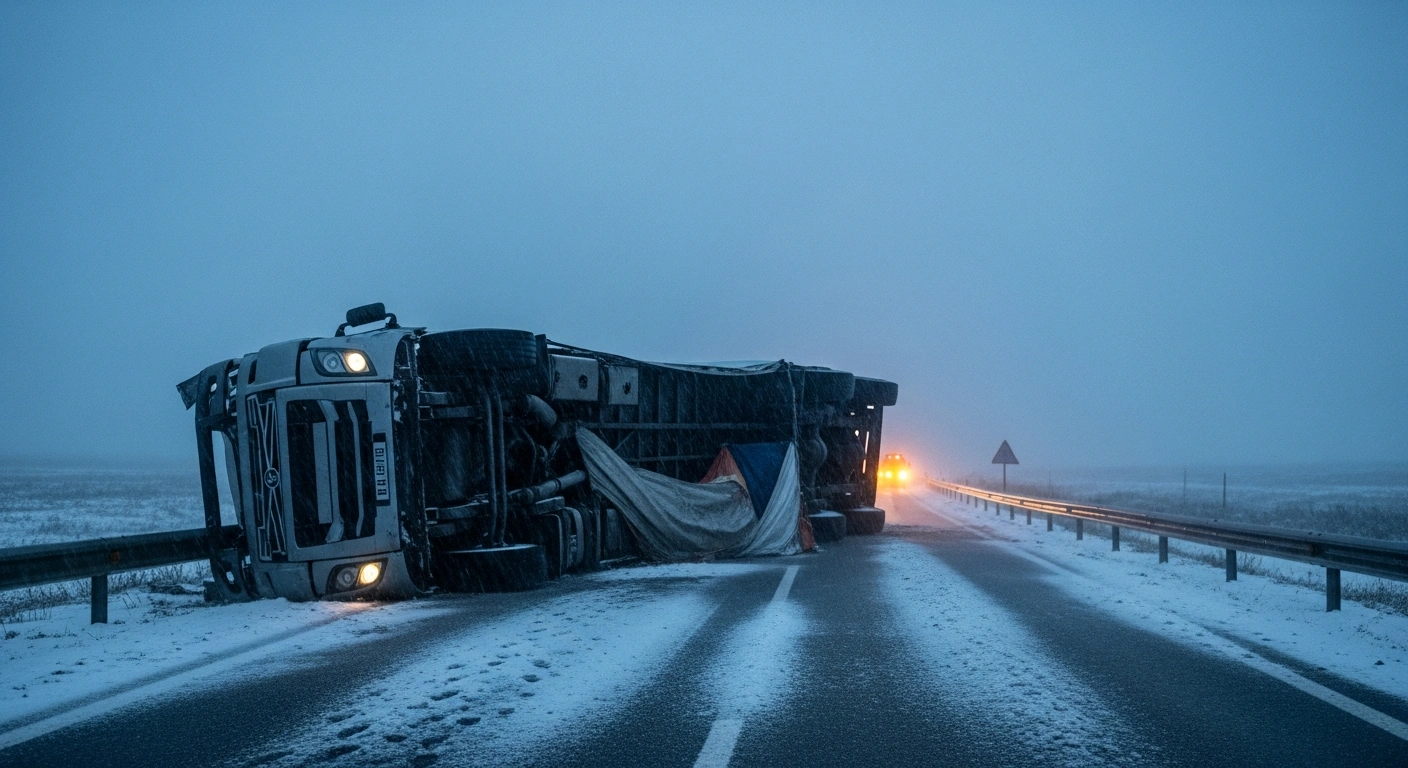 A desolate, snow-covered highway in Spain shows a large semi-truck flipped on its side amidst heavy snowfall and torrential rain, indicative of the widespread disruption caused by Storm Kristin's hurricane-force winds.