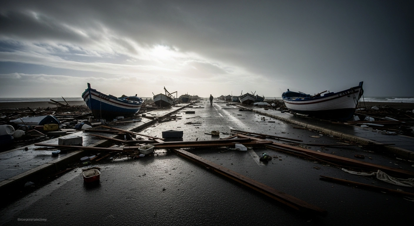 A wide, low-angle shot of a rain-slicked street in a coastal town in Portugal or Spain, showing debris like overturned boats and splintered timber after Storm Marta caused widespread devastation, fatalities, and displaced over 11,000 people due to torrential rain, snow, and strong winds.
