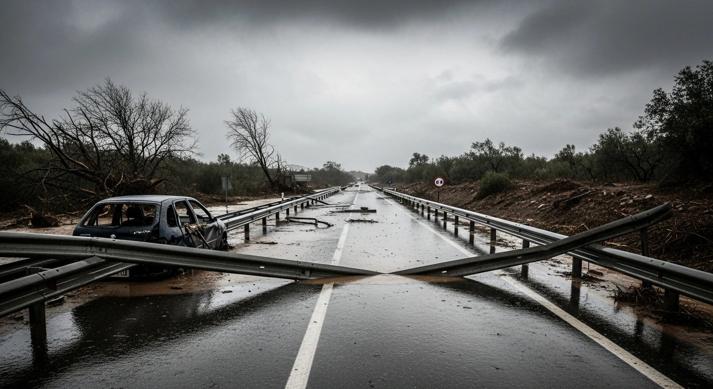 A wide, cinematic shot shows a storm-ravaged Spanish highway, covered in mud and debris, with a partially submerged, abandoned vehicle, symbolizing the widespread disruption and impassable roads caused by Storm Marta in Spain and Portugal, which led to evacuations and significant infrastructure damage.