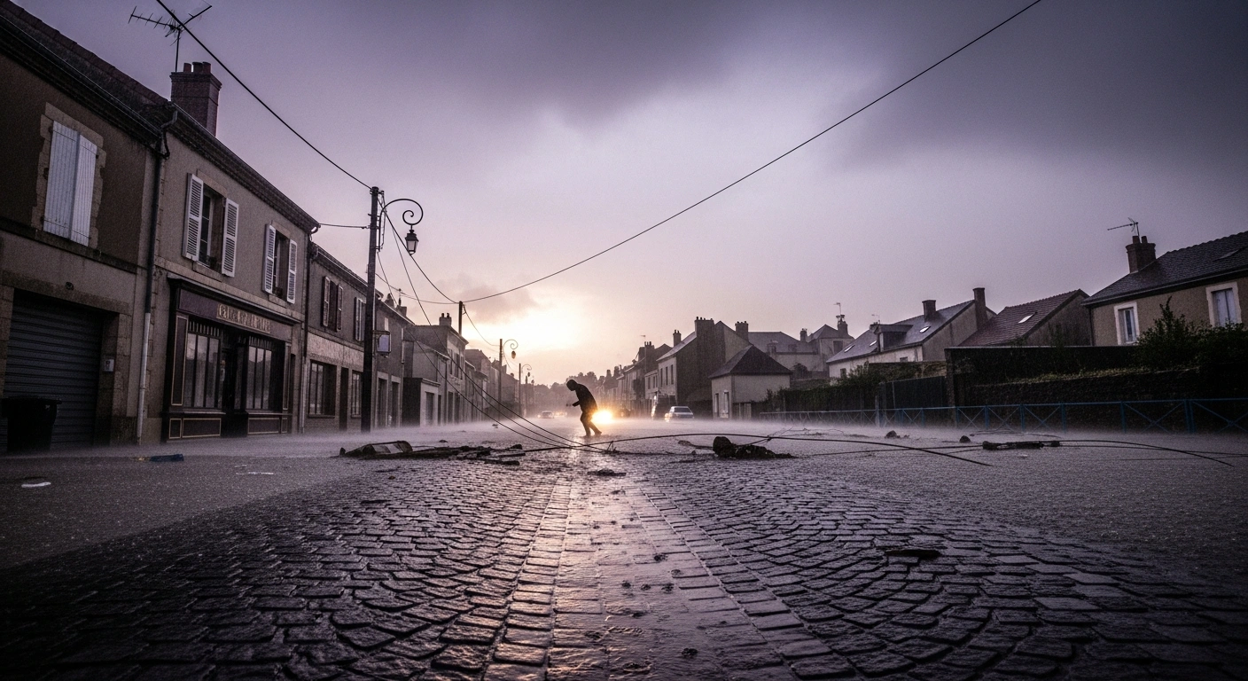 A wide, low-angle shot captures a rain-swept, flooded cobblestone street in a small French town, with a downed power line sparking faintly, illustrating the devastating impact of Storm Nils which swept across France from February 11-13, 2026, causing power outages for up to 900,000 households, heavy rainfall, and extensive flooding.