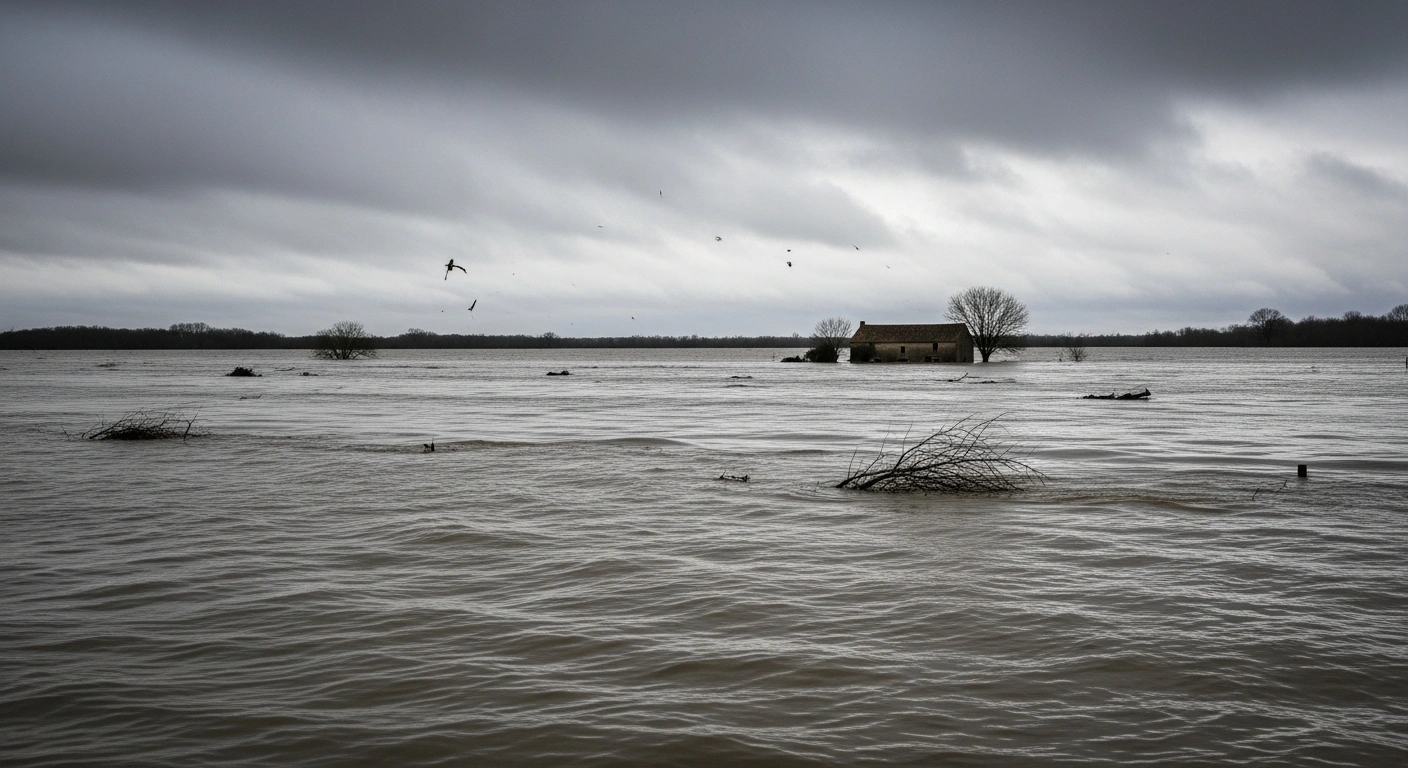 A wide, cinematic view depicts a desolate French rural landscape severely impacted by widespread flooding following Storm Nils, showing a partially submerged farmhouse and debris floating on murky brown water under a heavy, overcast sky, indicative of the red flood alerts issued across France.