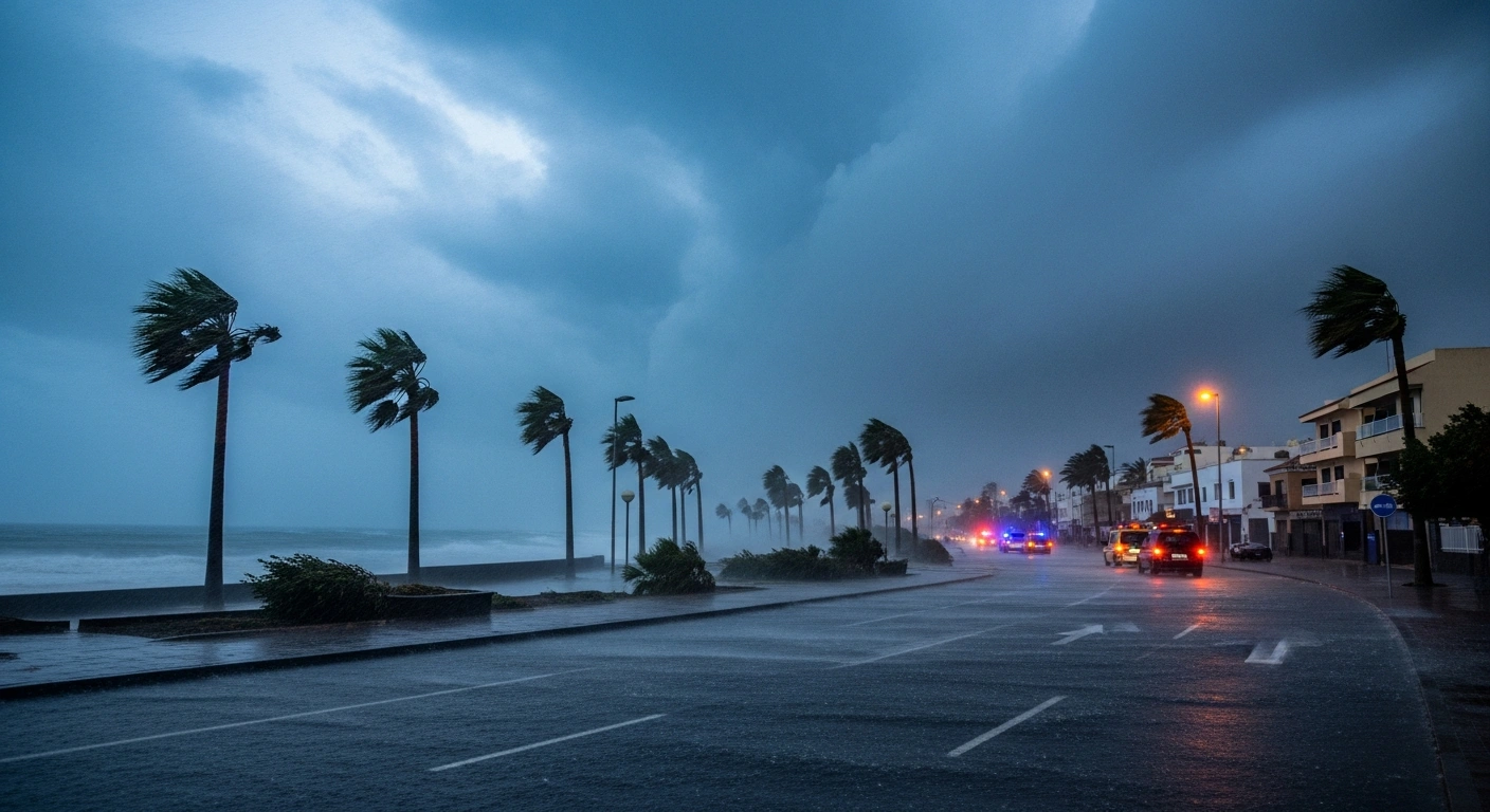 A violent storm with heavy rain and powerful winds hits a coastal town in the Canary Islands, causing severe weather conditions and infrastructure disruption.