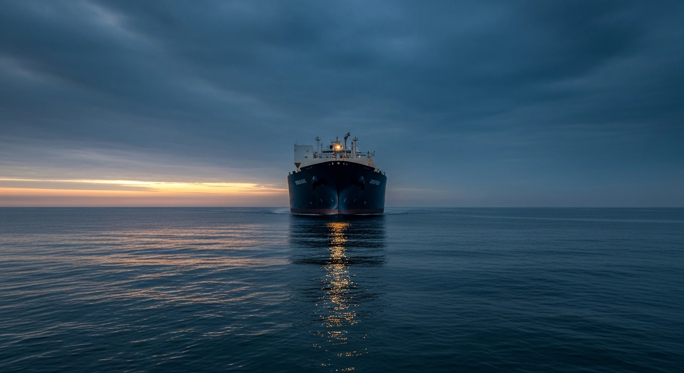 A colossal LNG tanker, laden with crucial energy exports, navigates the narrow, tense waters of a strait at pre-dawn, reflecting the geopolitical importance and vulnerability of shipping through the Strait of Hormuz.