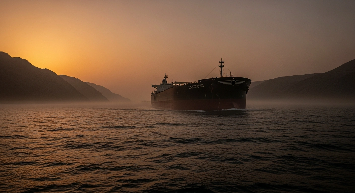 A large oil tanker sails through the Strait of Hormuz during a tense sunset, highlighting concerns over global energy supply stability.