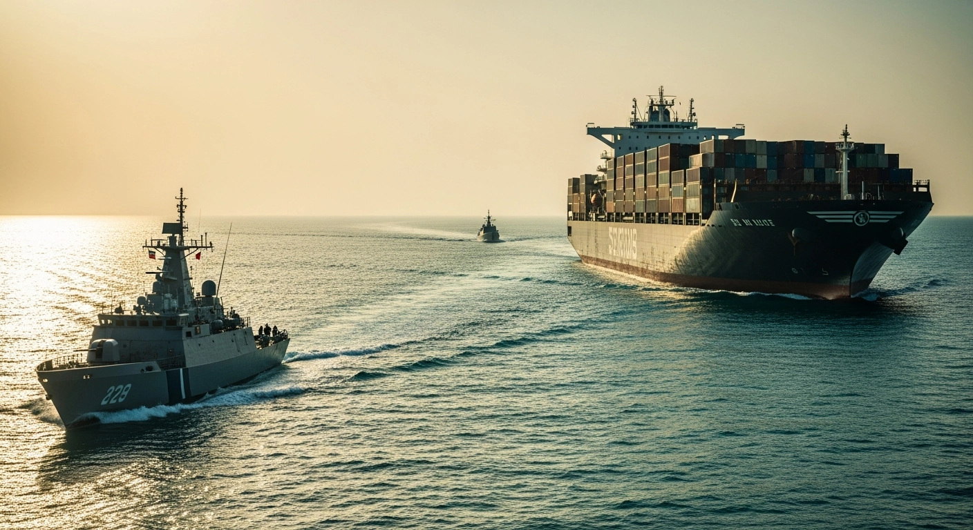 A commercial cargo ship travels through the Strait of Hormuz near an Iranian naval patrol boat during maritime security negotiations.