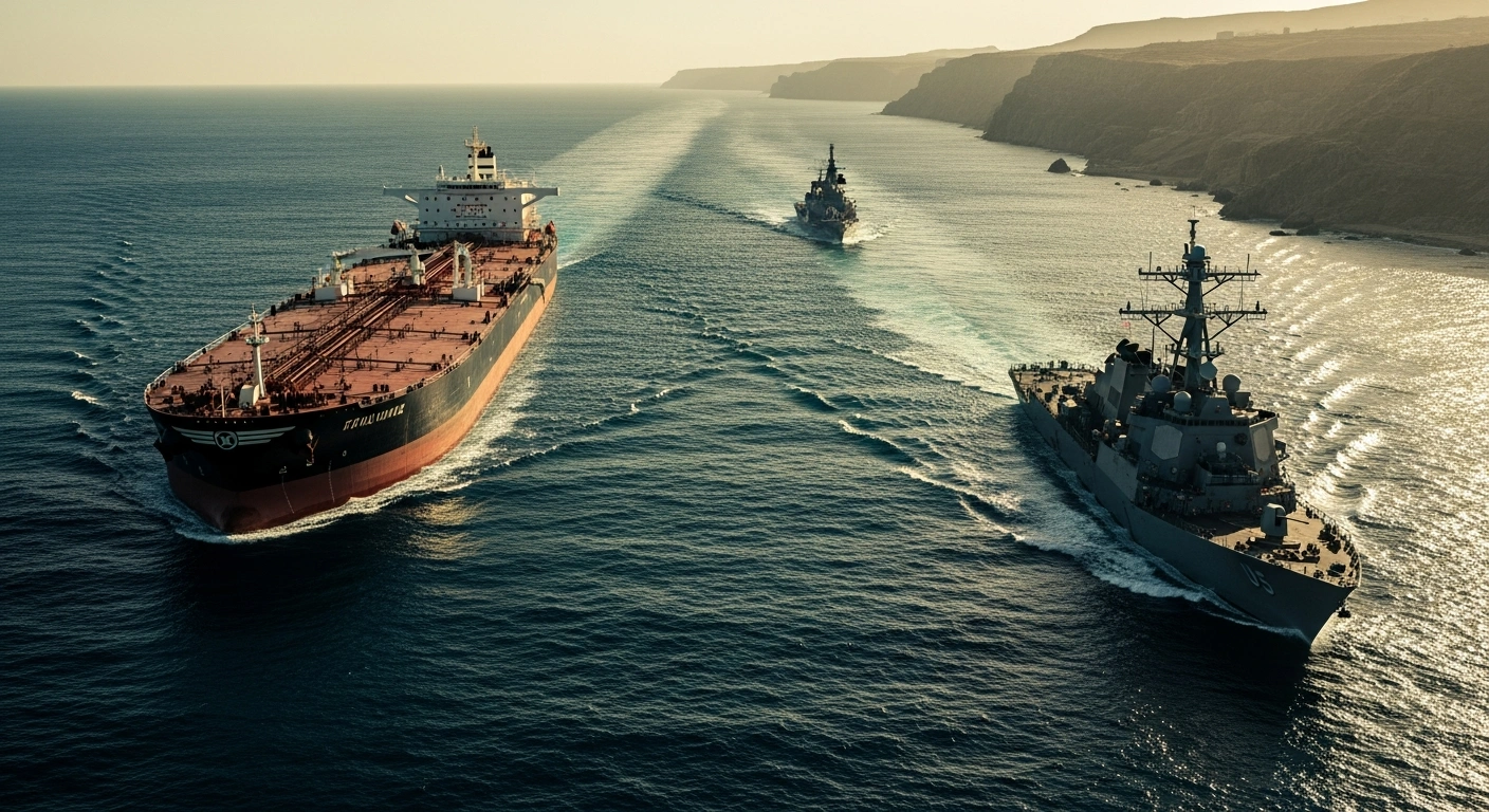 A large oil tanker and a U.S. Navy destroyer navigate the Strait of Hormuz during a tense maritime patrol.
