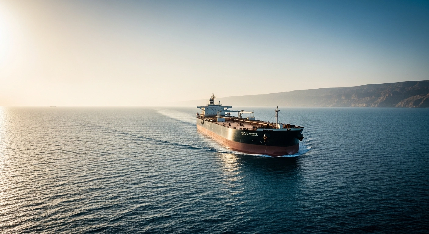 A large oil tanker sails through the Strait of Hormuz during sunset as diplomatic tensions rise regarding regional maritime stability.