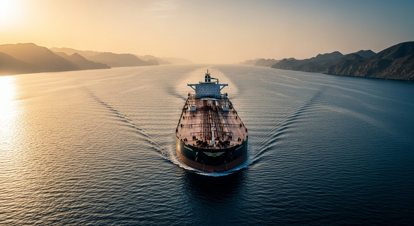 A large commercial oil tanker sails through the Strait of Hormuz as maritime traffic begins to increase following a de-escalation agreement between Iran and the United States.