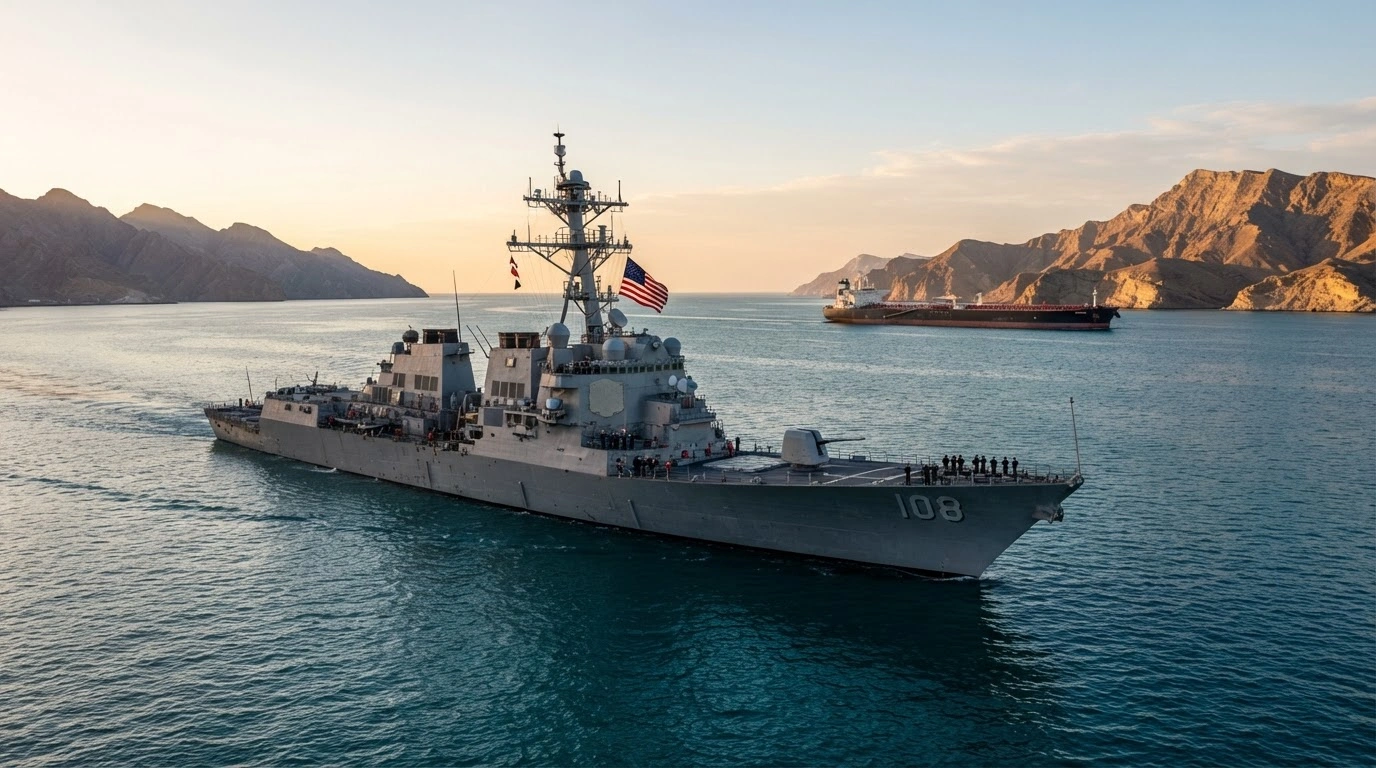 A U.S. Navy destroyer patrols the Strait of Hormuz after the successful completion of mine clearance operations to secure international shipping lanes.