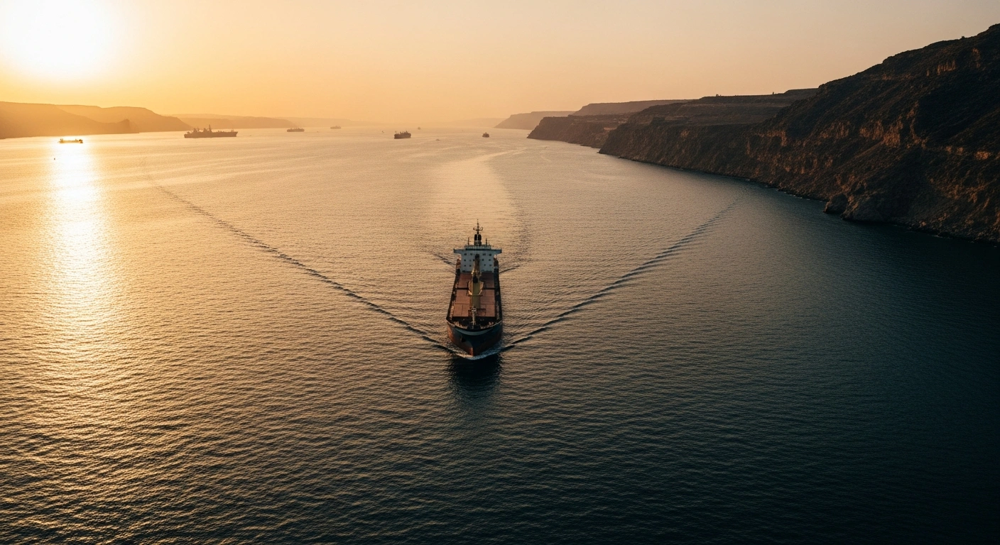 A lone cargo ship sails through the Strait of Hormuz as United States naval restrictions lead to reduced commercial maritime traffic.