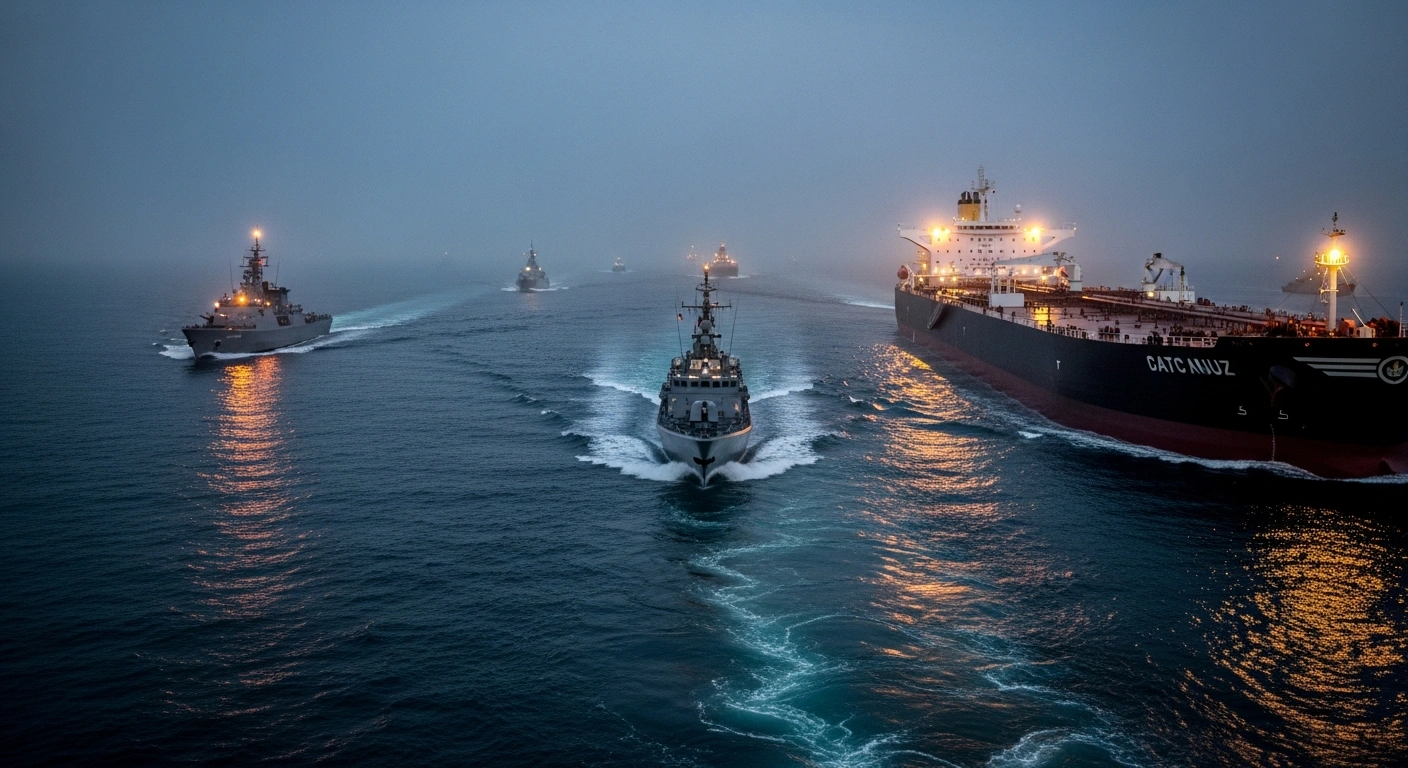An oil tanker navigates the Strait of Hormuz while naval patrol boats maintain a security standoff in the background.