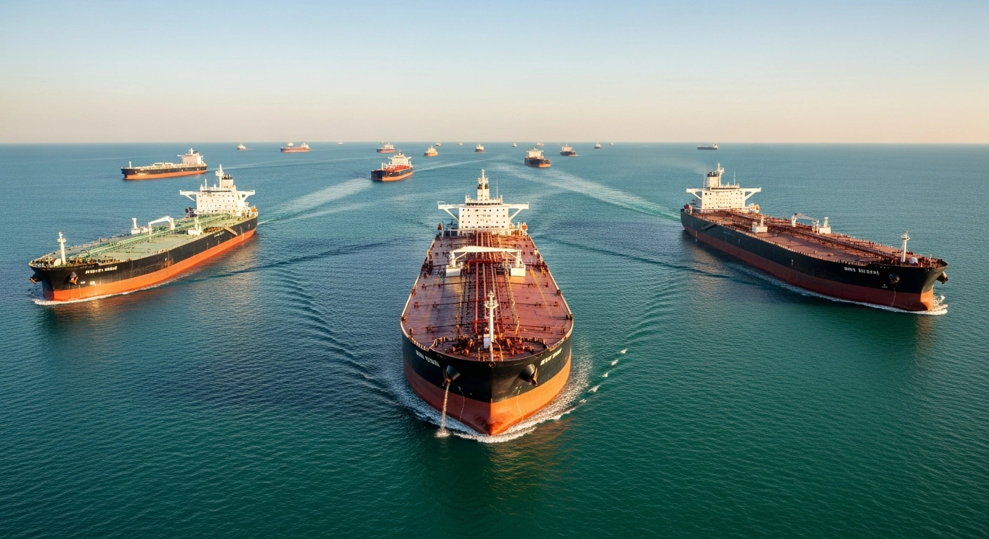Several large oil tankers navigate the Strait of Hormuz during a period of increased maritime traffic following a ceasefire.