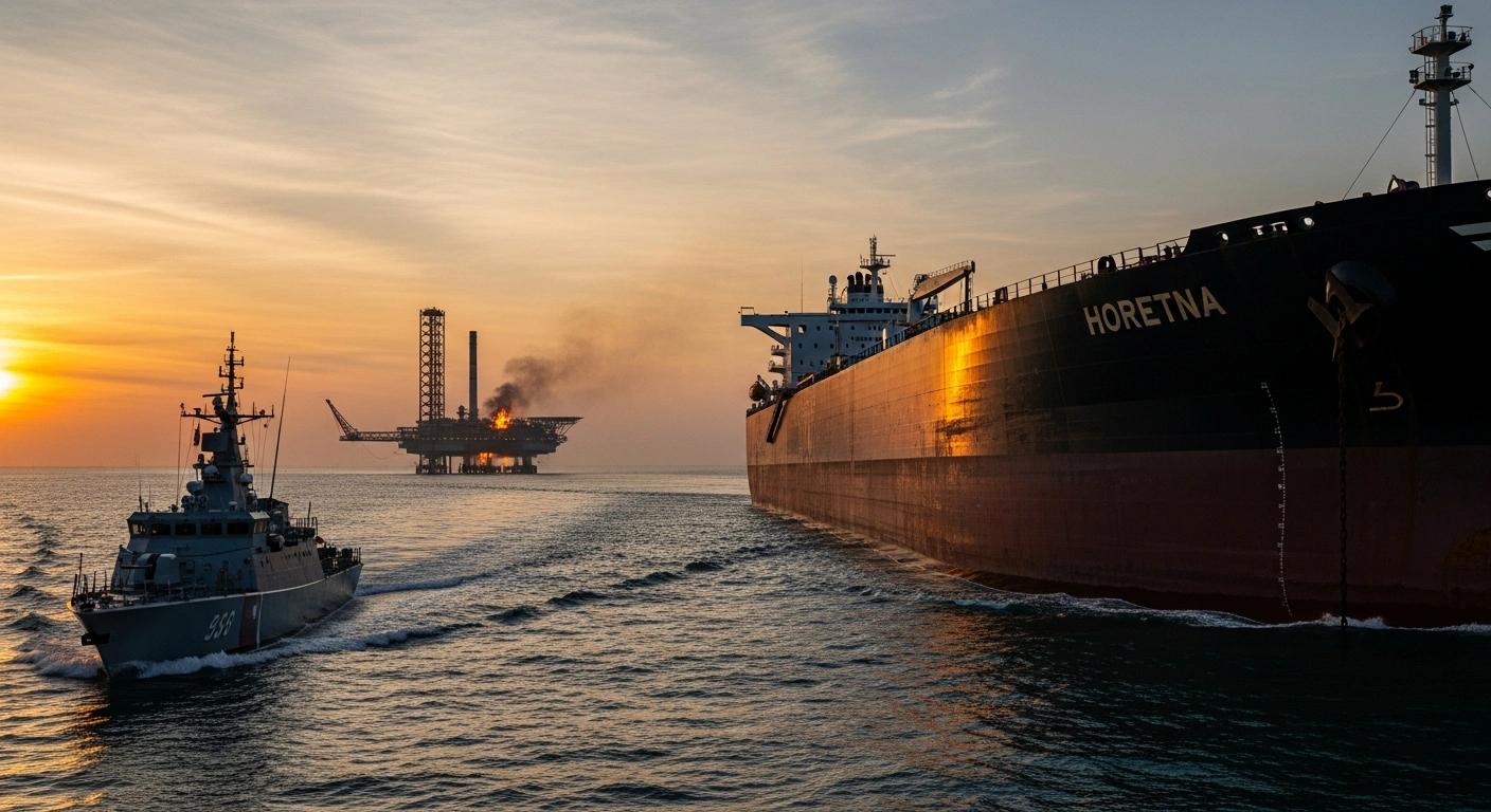 A wide, cinematic shot at dusk depicts a colossal oil supertanker navigating narrow, choppy waters, with a sleek, dark naval vessel in the foreground and a distant, partially damaged offshore oil platform glowing with fire, symbolizing intensified regional tensions and threats to Gulf energy infrastructure and maritime security.