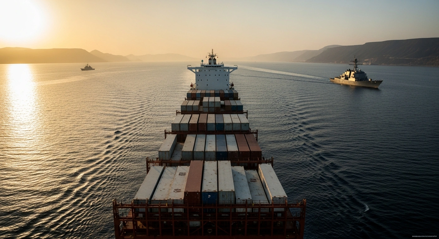 A large commercial cargo ship travels through the Strait of Hormuz while a naval vessel patrols the horizon during sunset.