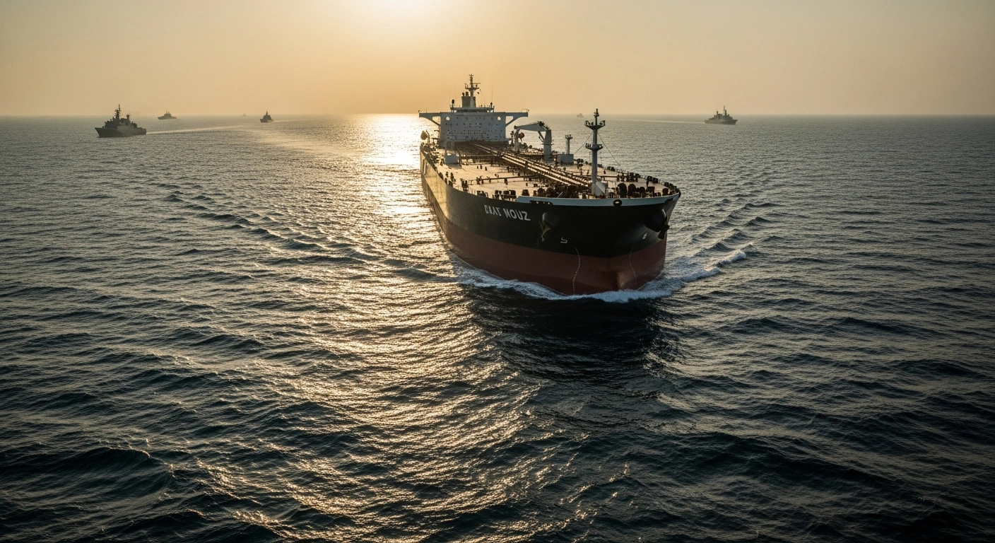 A large oil tanker sails through the Strait of Hormuz under a dramatic sunset as geopolitical tensions rise between Iran and the United States.