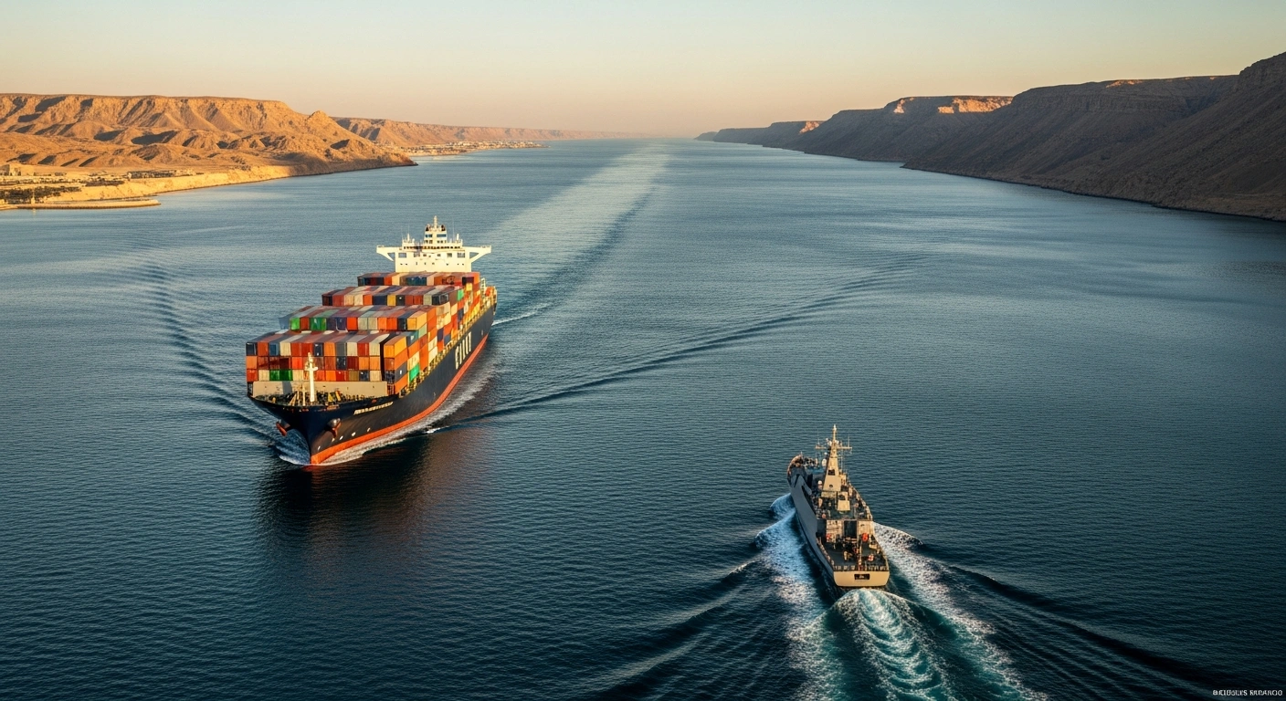 A large cargo ship sails through the Strait of Hormuz under the watchful presence of a patrol boat in the maritime channel.