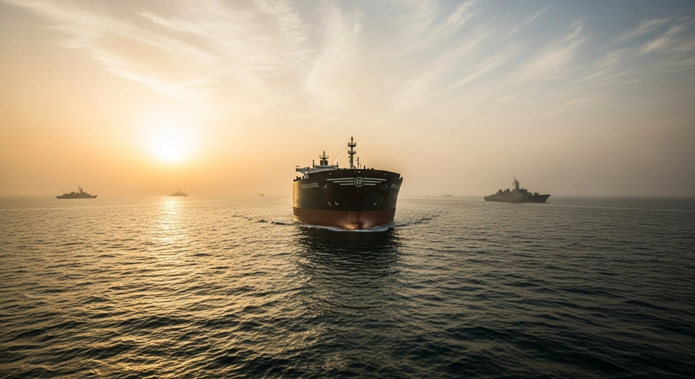 A large oil tanker sails through the Strait of Hormuz as naval vessels patrol the area to ensure freedom of navigation amidst rising international tensions.
