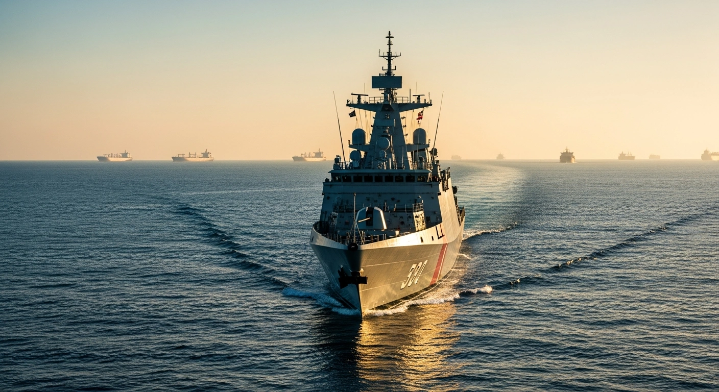A naval patrol ship sails through the Strait of Hormuz as part of an international effort to ensure safe passage for global energy supplies.