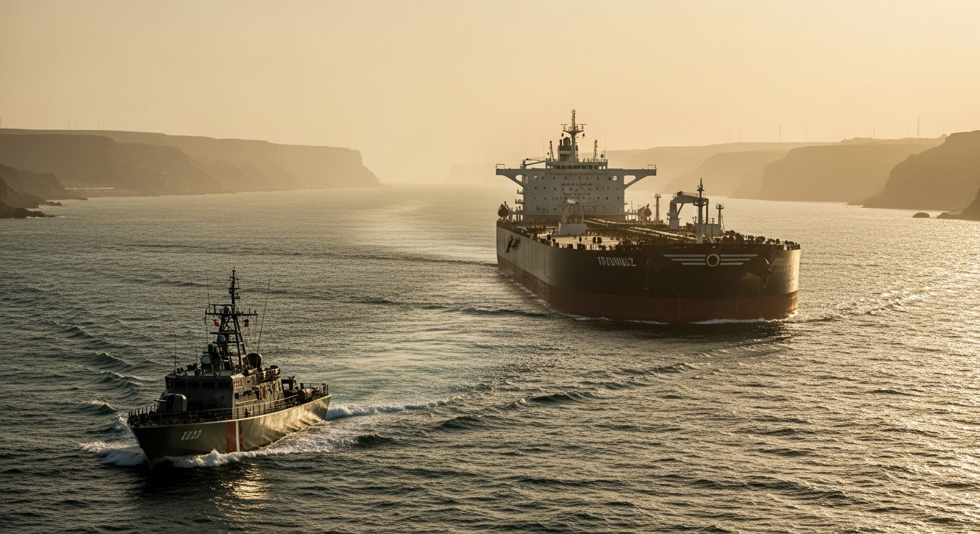 A militarized patrol boat monitors a large commercial oil tanker transiting through the Strait of Hormuz under high-tension maritime security conditions.