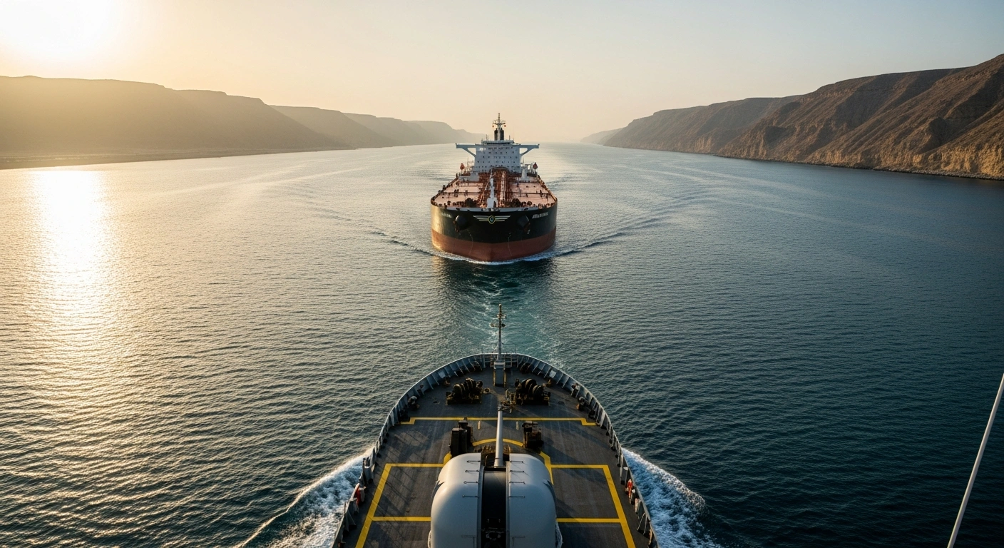 A large oil tanker sails through the Strait of Hormuz as the United Kingdom calls for unrestricted international maritime navigation.