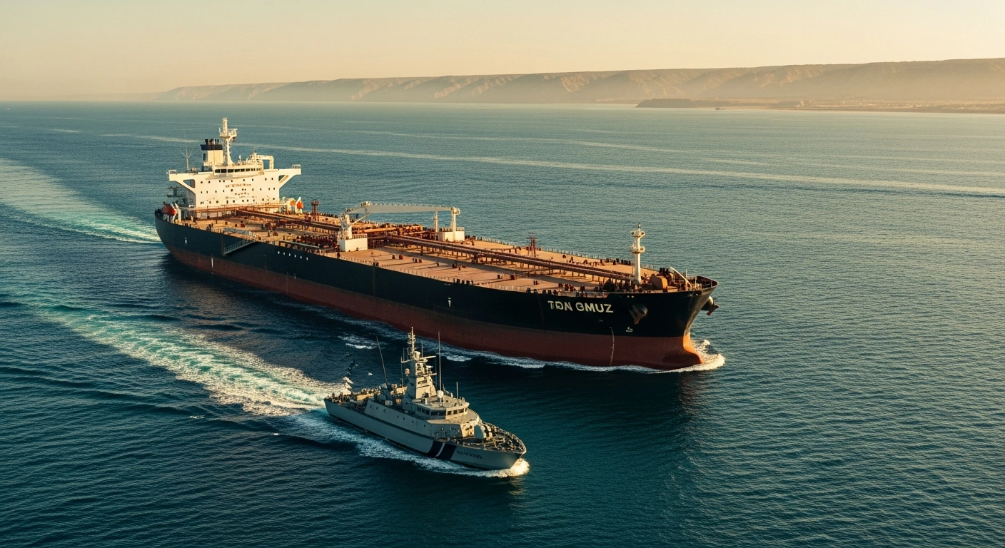 A large oil tanker sails through the Strait of Hormuz while a naval patrol boat monitors the area to ensure maritime security following diplomatic talks between Iran and Oman.