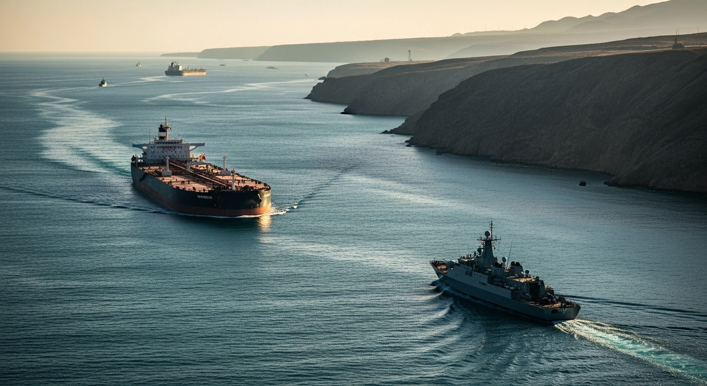 A large oil tanker sails through the Strait of Hormuz while a naval patrol ship monitors the maritime trade route to ensure regional security.