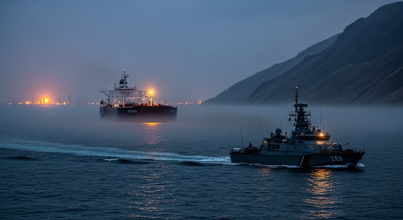 A large oil tanker sails through the Strait of Hormuz near the Iranian coast as tensions rise over potential threats to energy infrastructure.