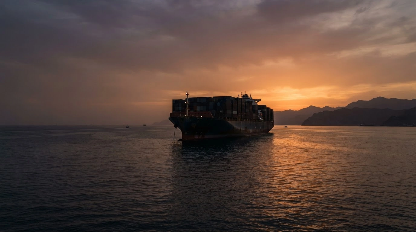 A large cargo ship sits stranded in the waters near the Strait of Hormuz as regional tensions restrict maritime movement for thousands of seafarers.