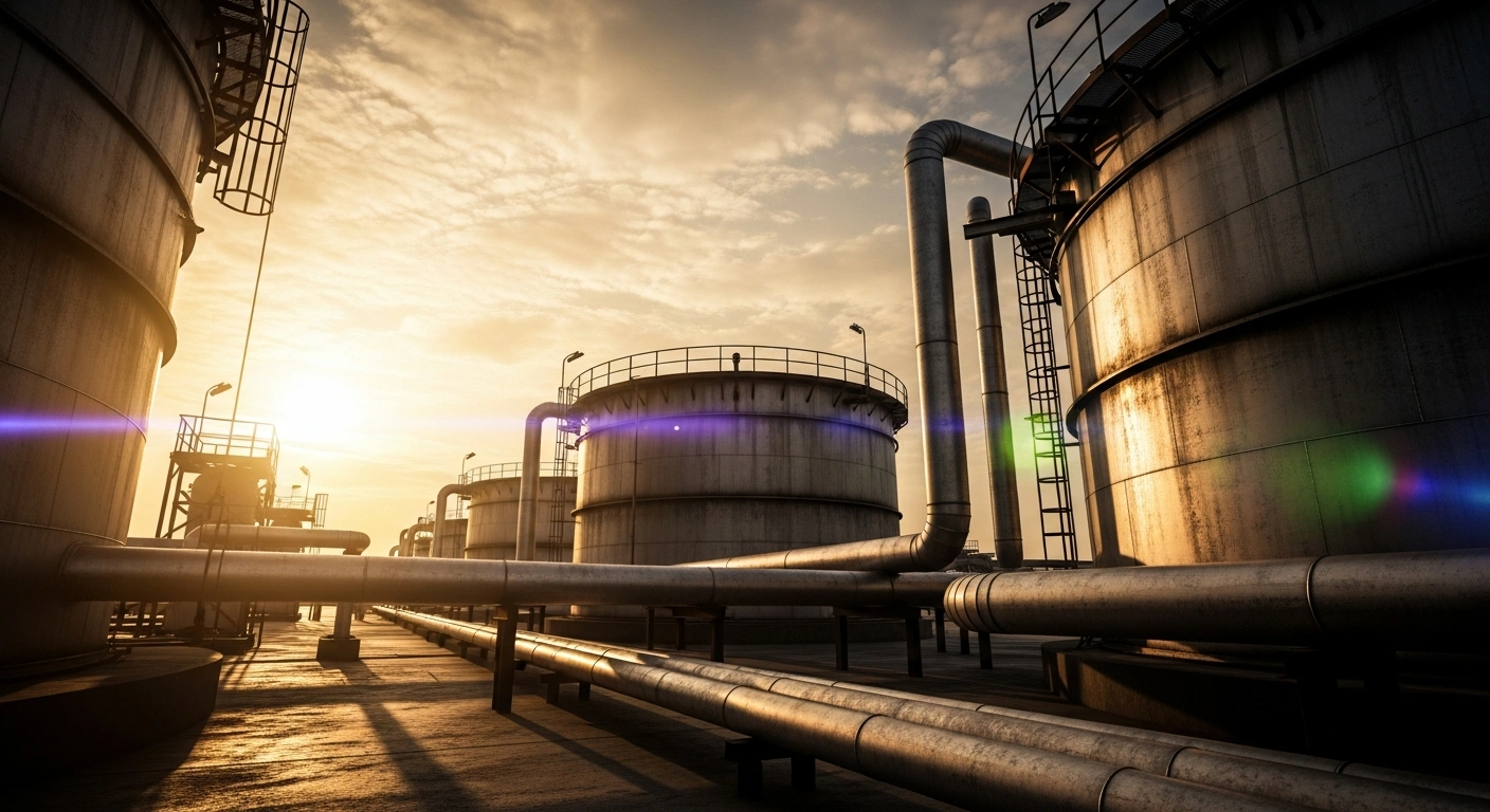 A vast field of industrial oil storage tanks at the Strategic Petroleum Reserve represents the historic release of oil to stabilize global energy markets.
